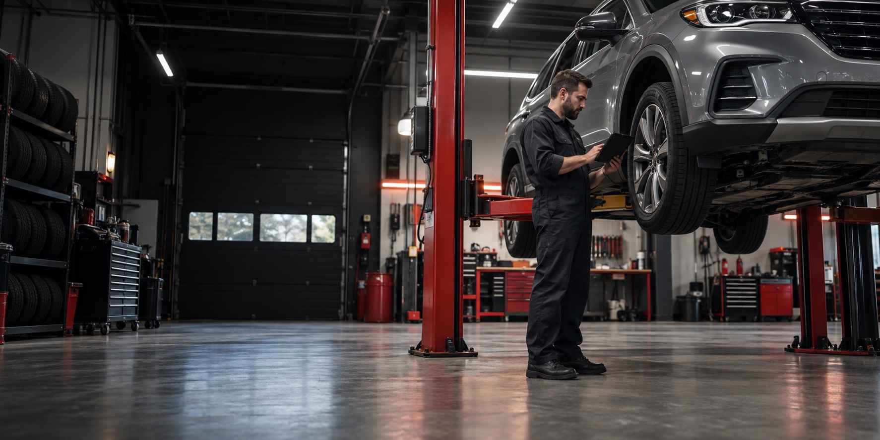 Mechanic using a diagnostic tablet beside a crossover on a lift in a clean repair bay