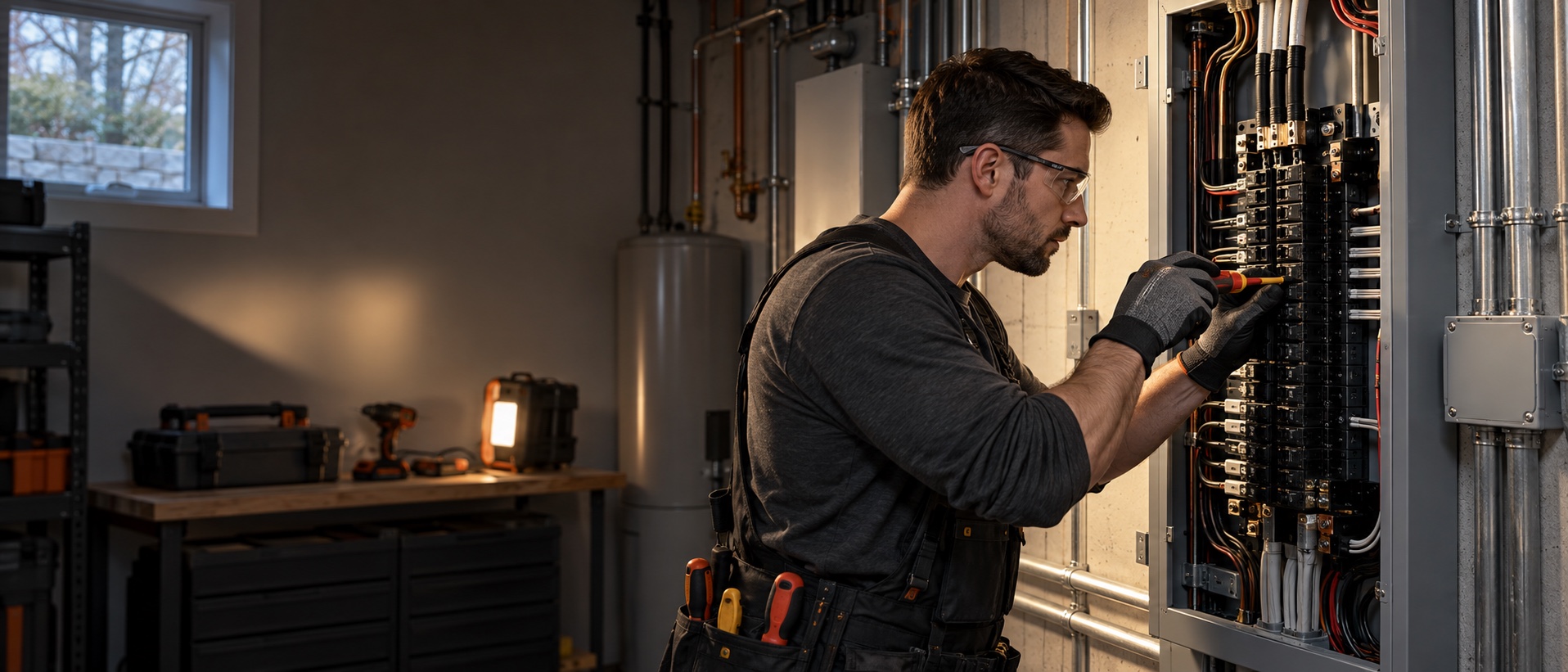 Electrician working carefully inside a modern residential service panel