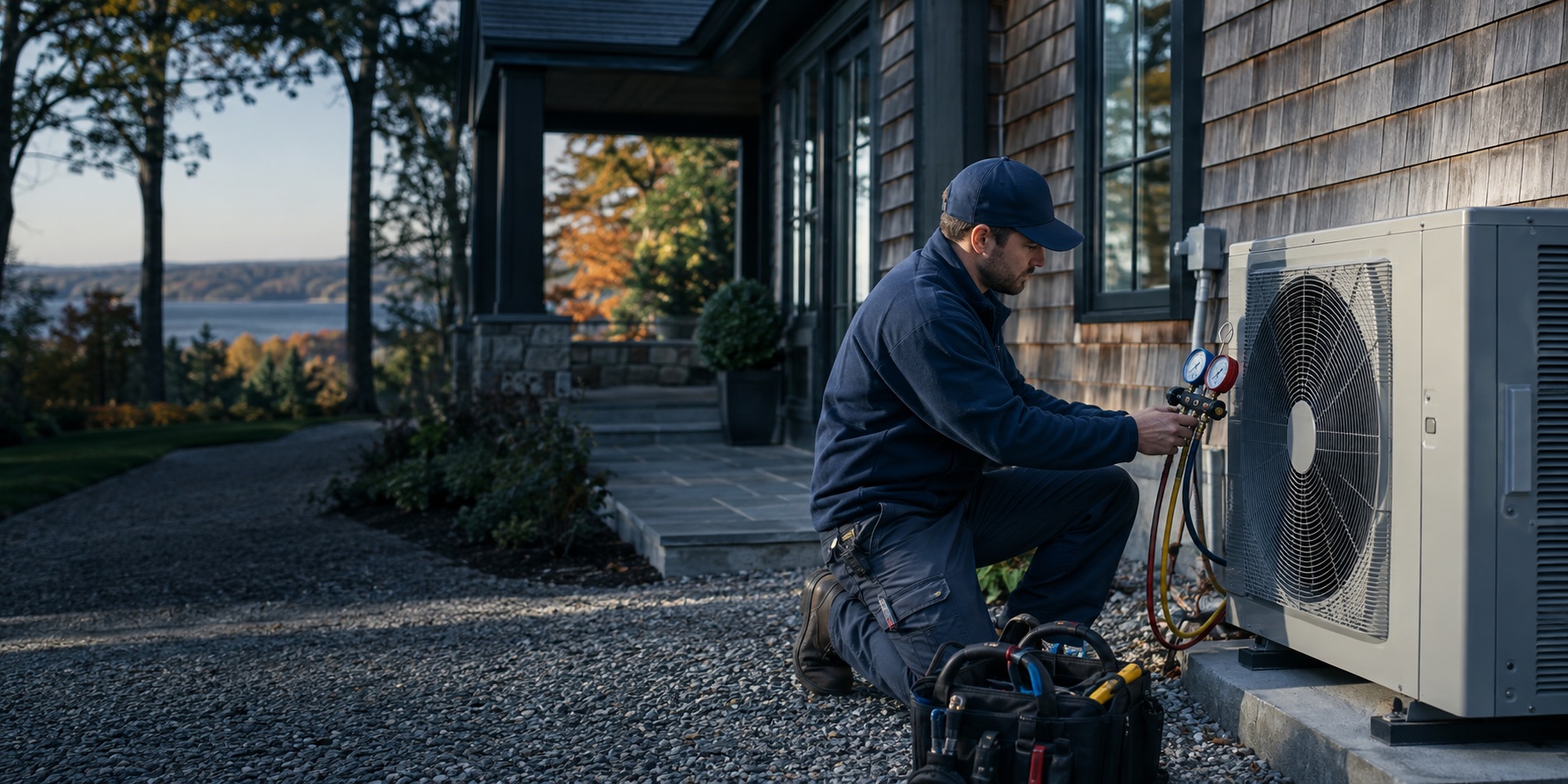 HVAC technician checking a heat pump beside a cedar home in Connecticut