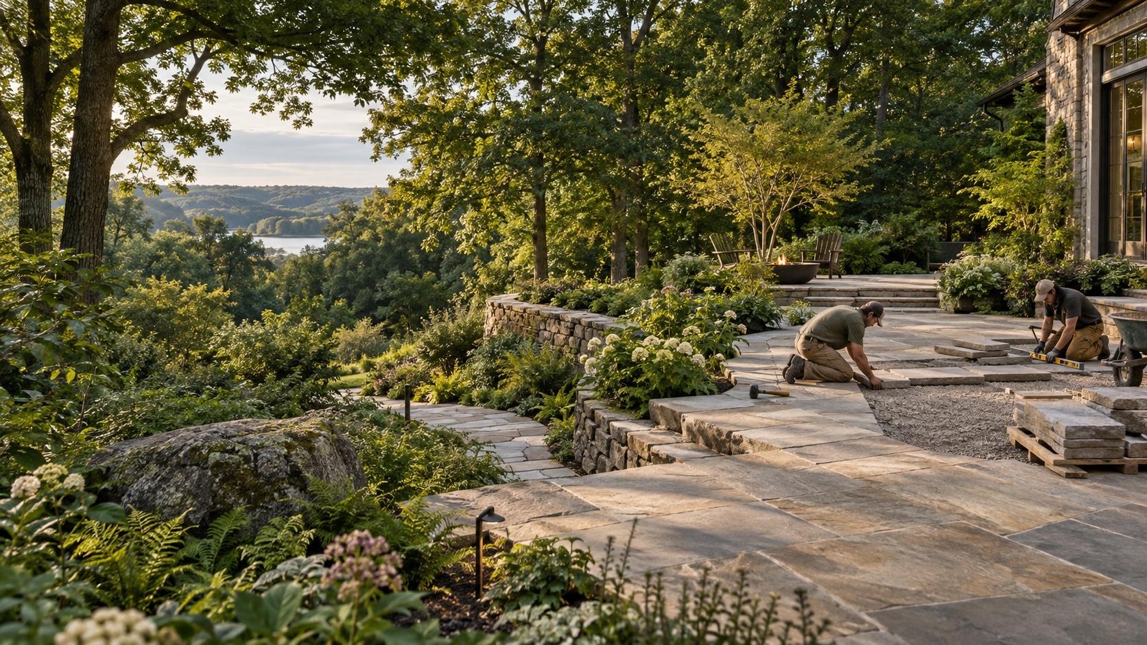 Landscape craftspeople laying a natural-stone terrace in a wooded Connecticut garden