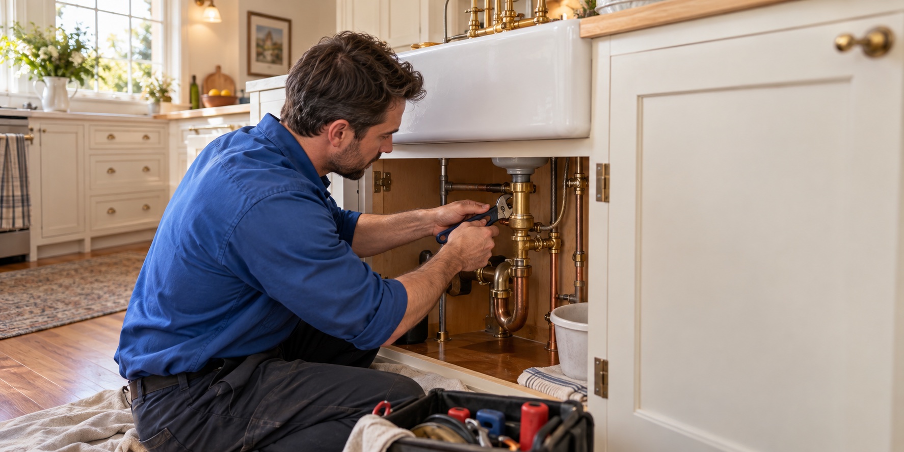 Plumber repairing copper and brass pipework beneath a bright kitchen sink