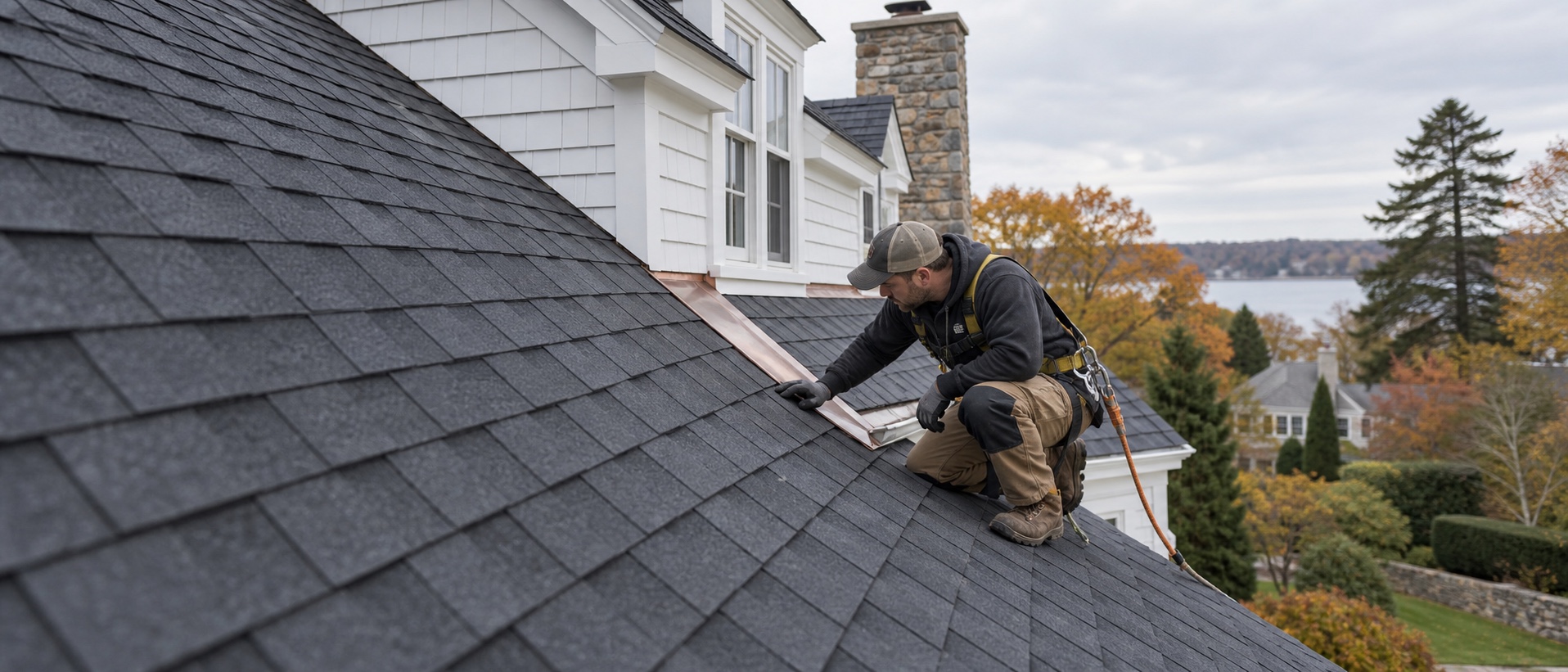 Roofer wearing fall protection inspecting copper flashing on a Connecticut home